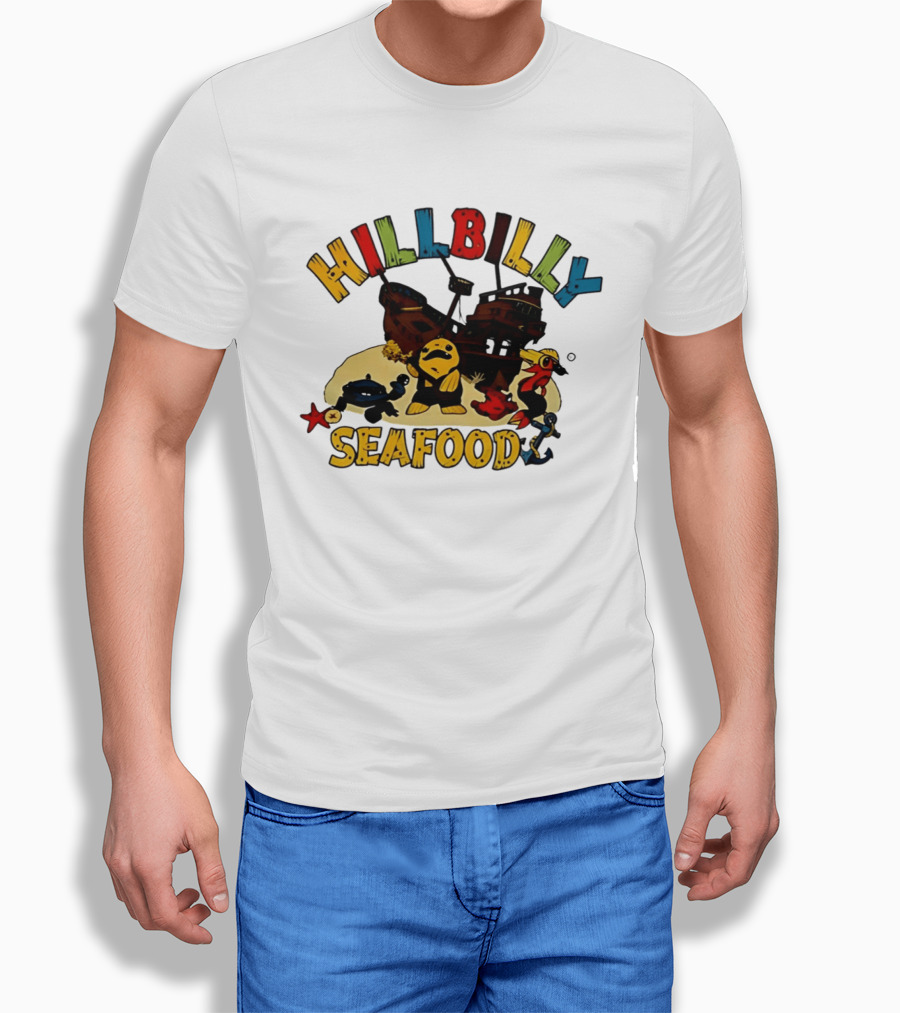 Hillbilly Seafood Cartoon Pirate Ship And Ocean Life Fish Adventure T-Shirt