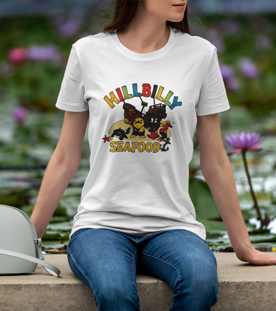 Hillbilly Seafood Cartoon Pirate Ship And Ocean Life Fish Adventure T-Shirt