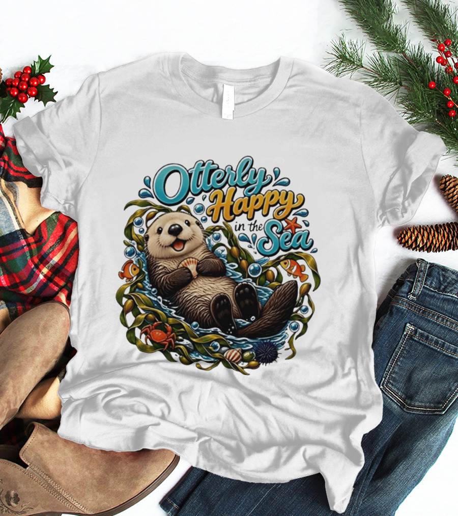 Otterly Happy In The Sea Cartoon Otter Floating With Kelp, Shell, Fish, Crab T-Shirt