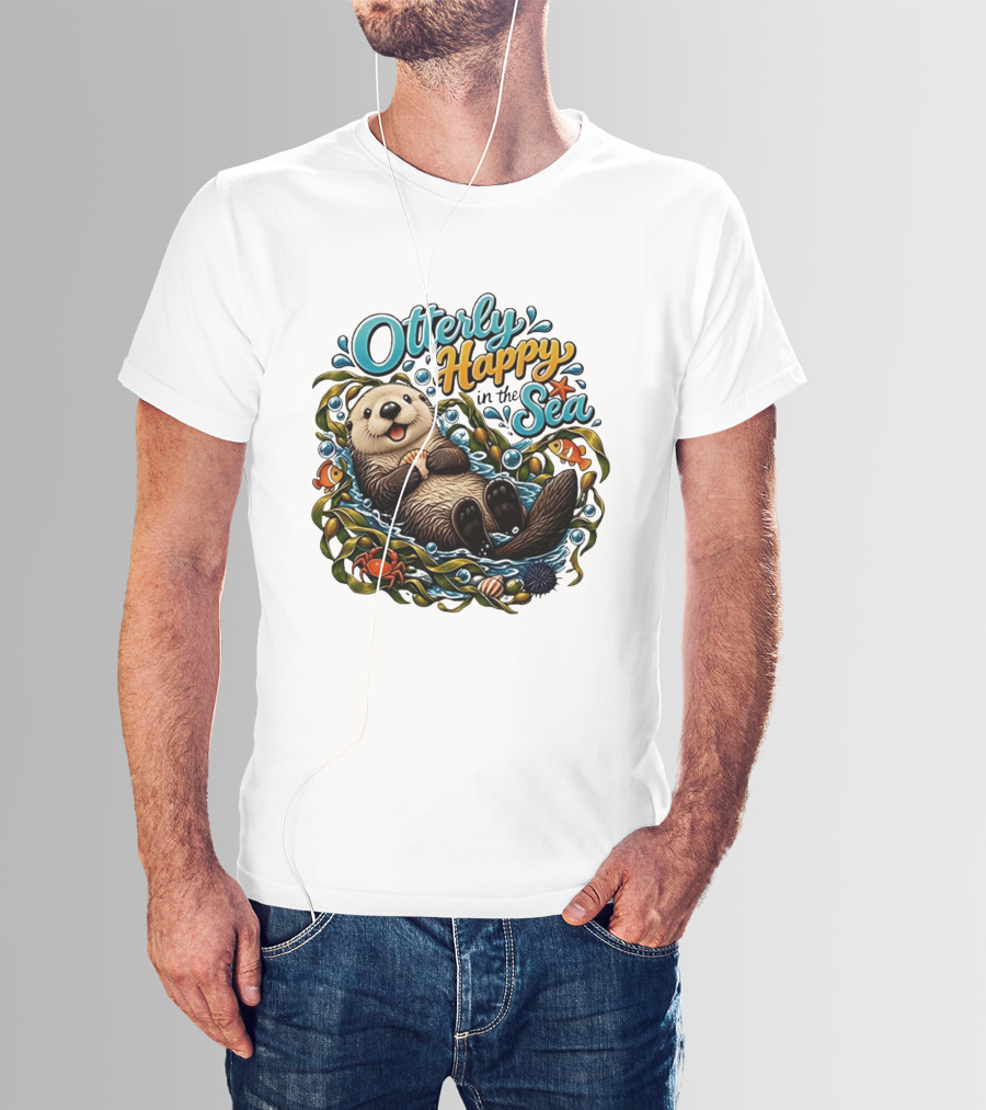 Otterly Happy In The Sea Cartoon Otter Floating With Kelp, Shell, Fish, Crab T-Shirt