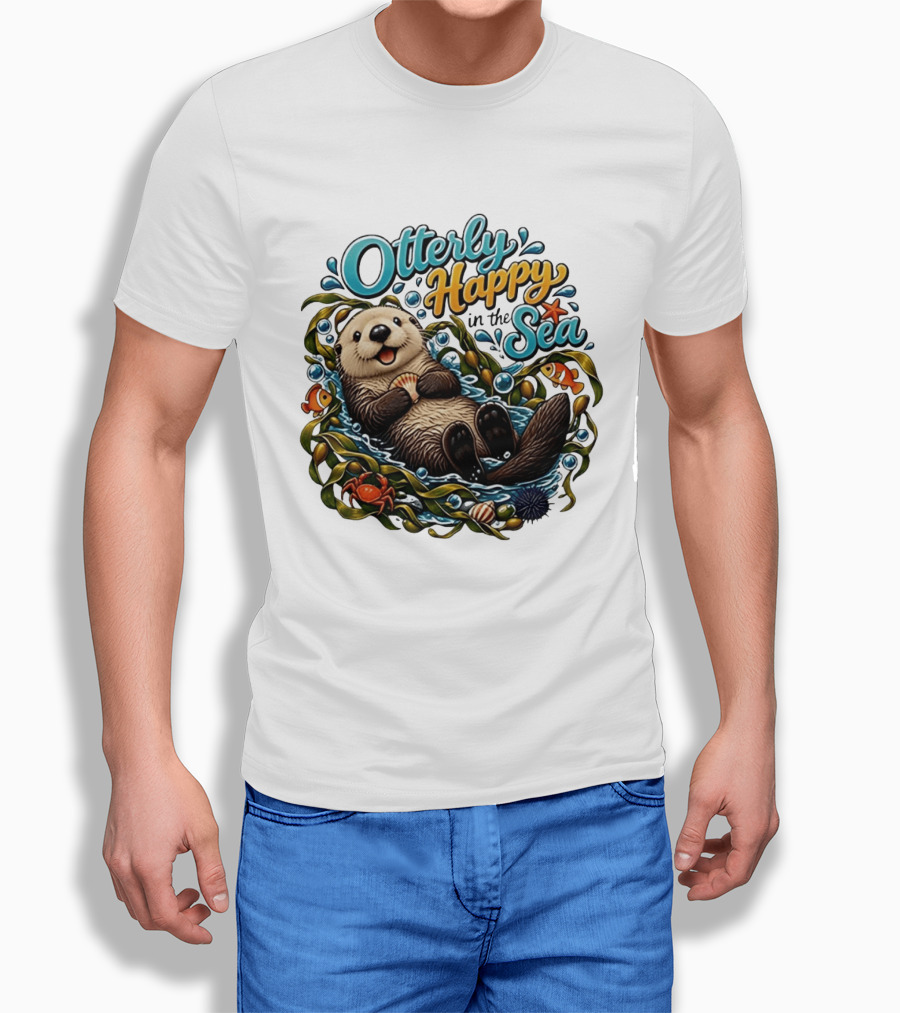 Otterly Happy In The Sea Cartoon Otter Floating With Kelp, Shell, Fish, Crab T-Shirt
