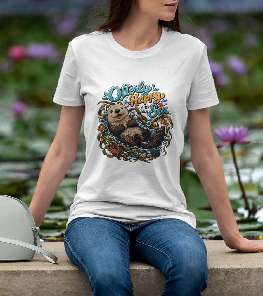 Otterly Happy In The Sea Cartoon Otter Floating With Kelp, Shell, Fish, Crab T-Shirt