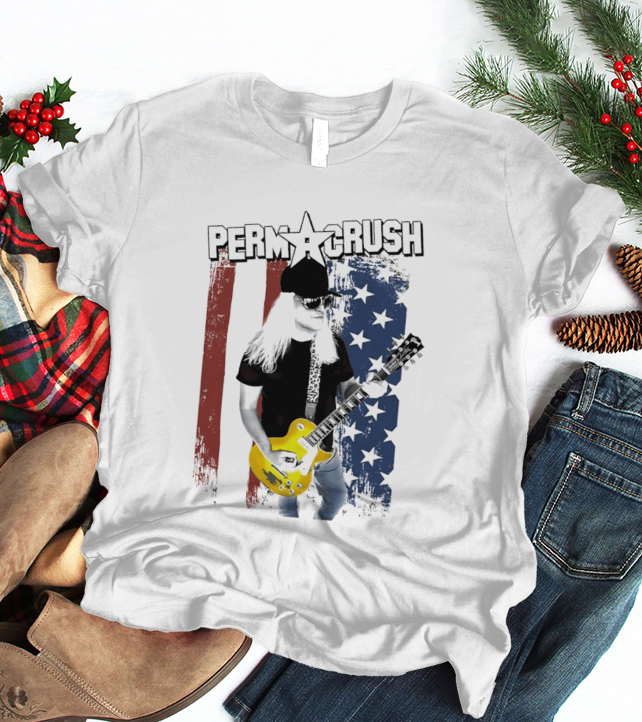 Perm A Crush Long Blonde Hair Yellow Guitar American Flag T-Shirt
