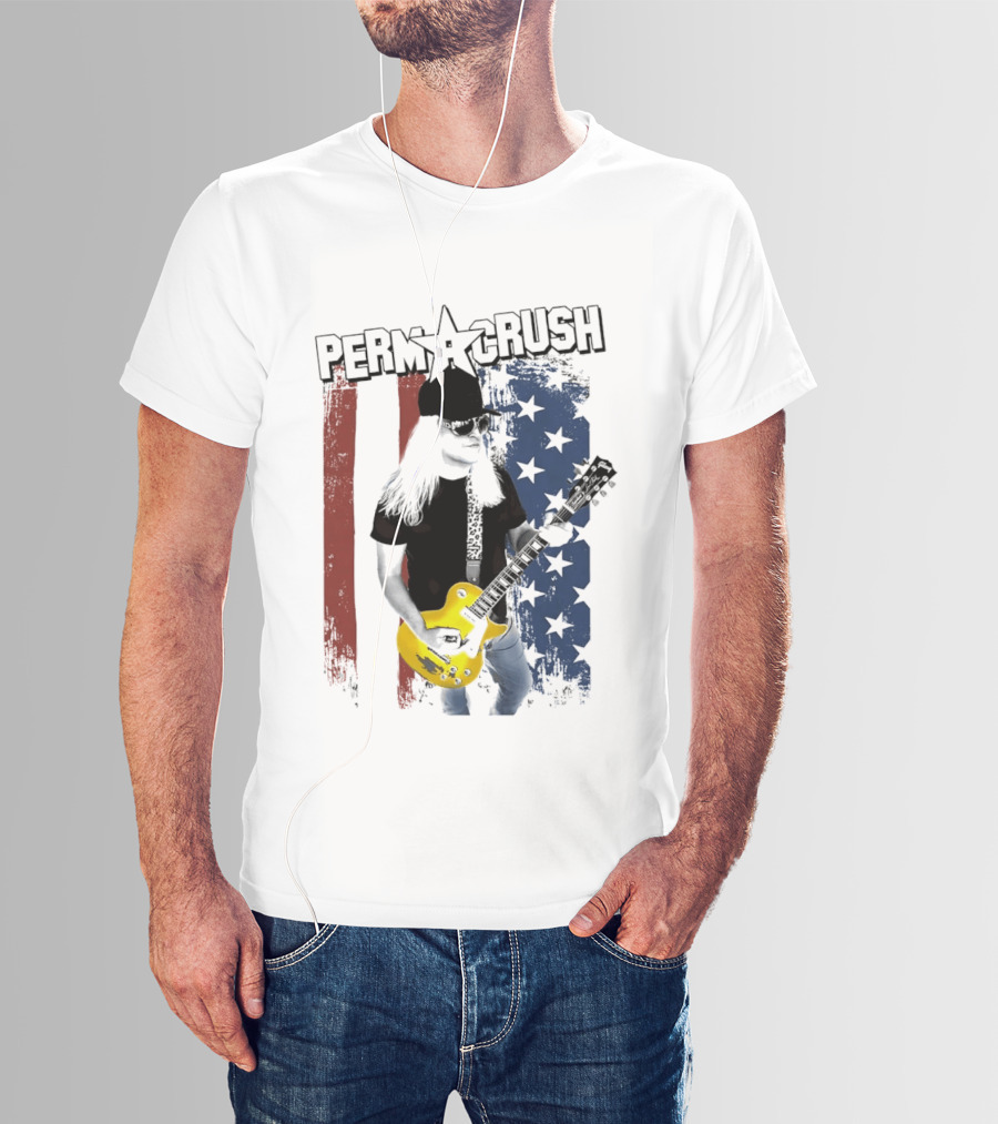 Perm A Crush Long Blonde Hair Yellow Guitar American Flag T-Shirt