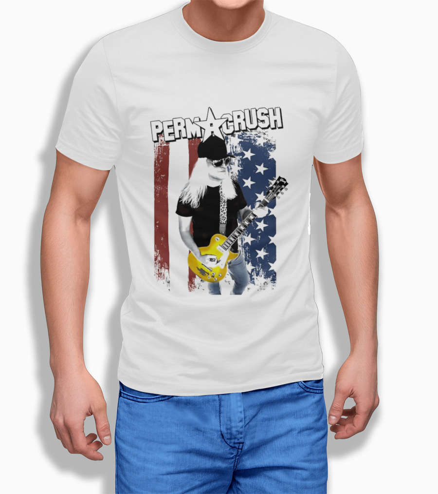 Perm A Crush Long Blonde Hair Yellow Guitar American Flag T-Shirt