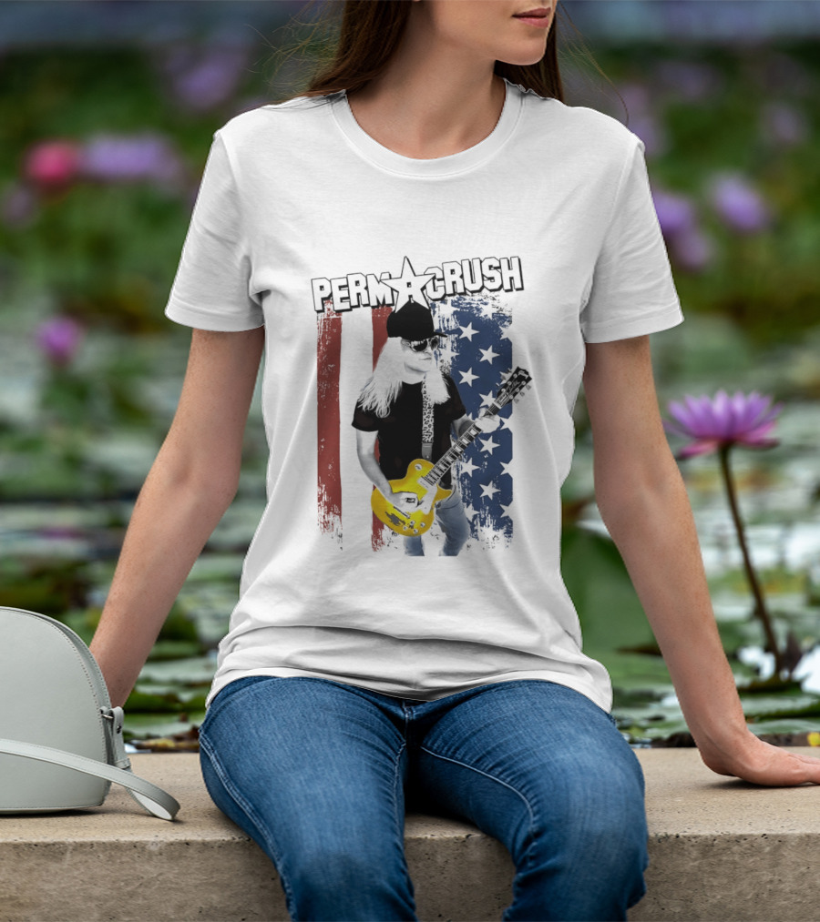 Perm A Crush Long Blonde Hair Yellow Guitar American Flag T-Shirt