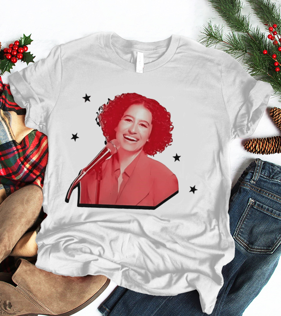 Red Tinted Woman Curly Hair Microphone Black Stars T-Shirt