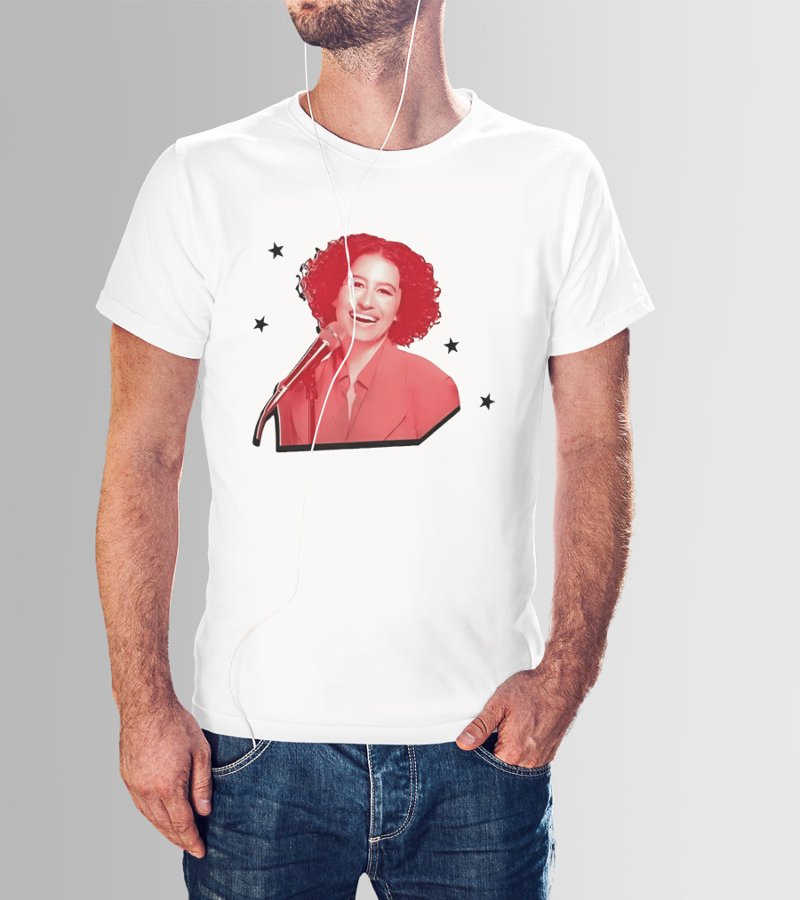 Red Tinted Woman Curly Hair Microphone Black Stars T-Shirt