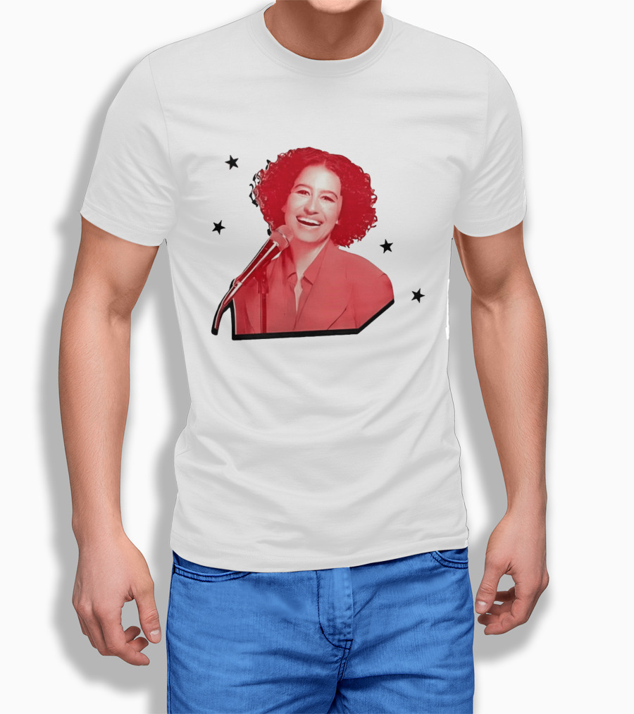 Red Tinted Woman Curly Hair Microphone Black Stars T-Shirt