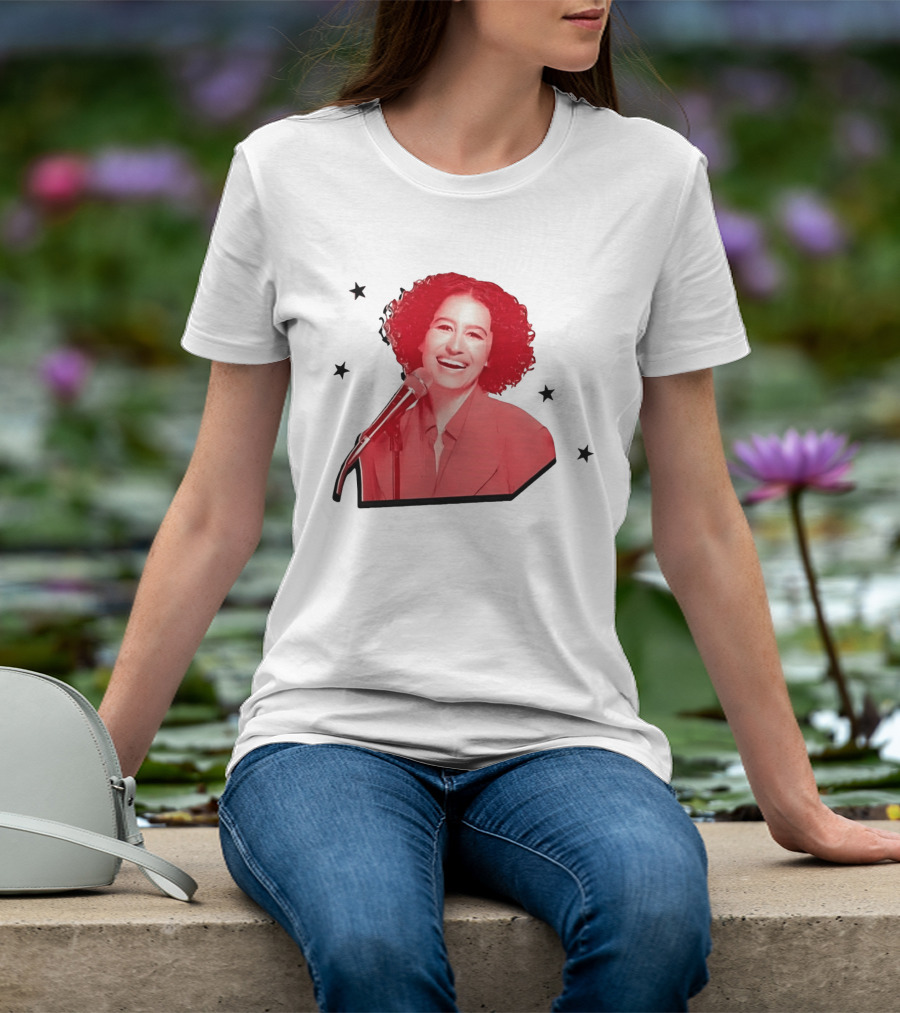 Red Tinted Woman Curly Hair Microphone Black Stars T-Shirt