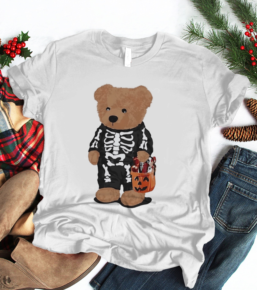 Teddy Bear Skeleton Costume Jack O Lantern Pumpkin Candy Cartoon T-Shirt