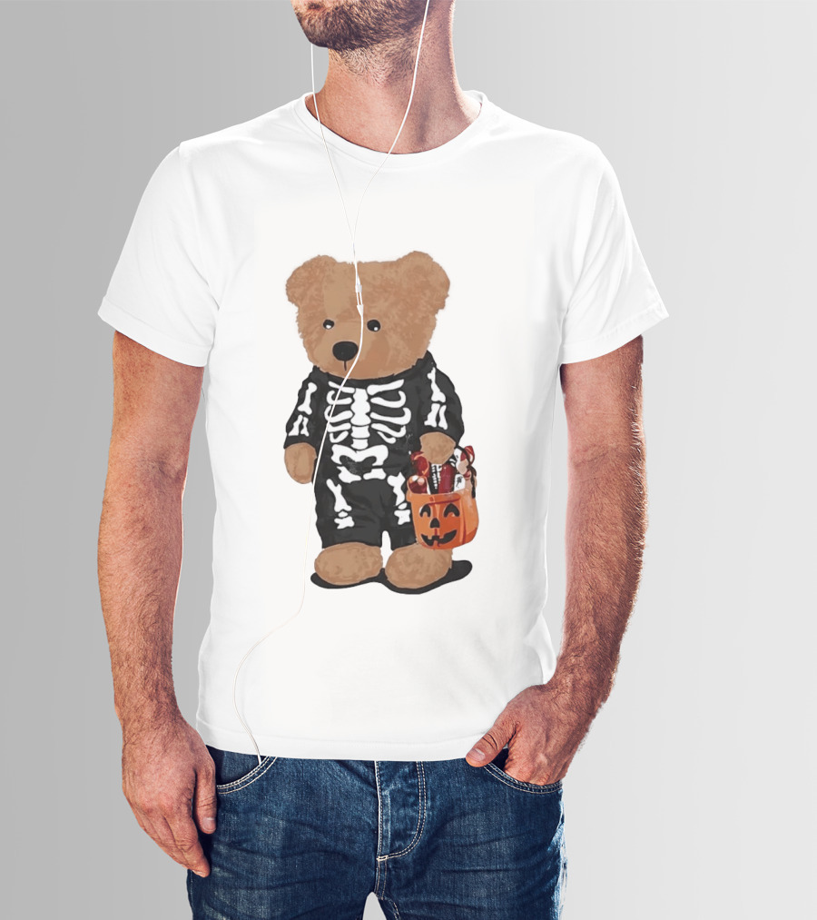 Teddy Bear Skeleton Costume Jack O Lantern Pumpkin Candy Cartoon T-Shirt