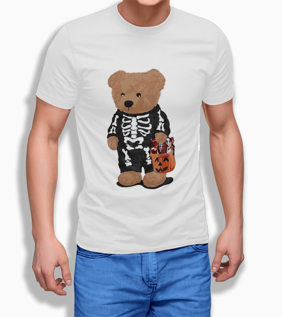 Teddy Bear Skeleton Costume Jack O Lantern Pumpkin Candy Cartoon T-Shirt