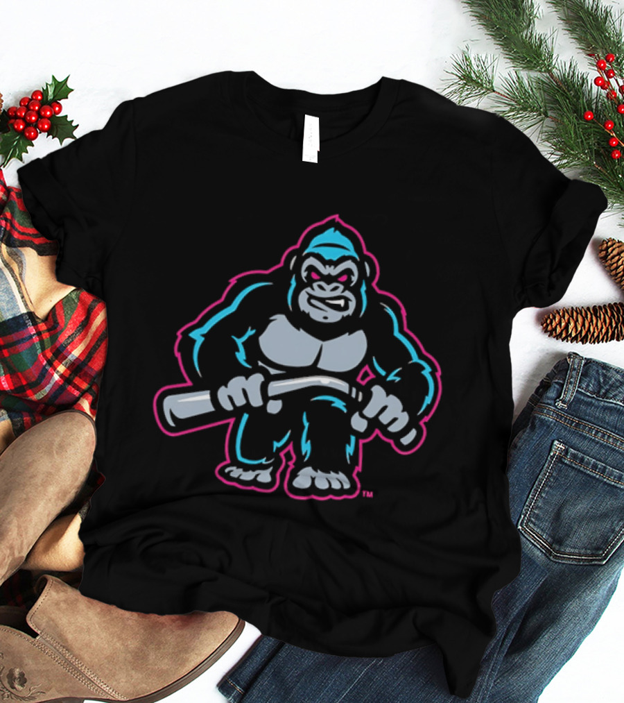 Aggressive Gorilla With Hockey Stick Neon T-Shirt