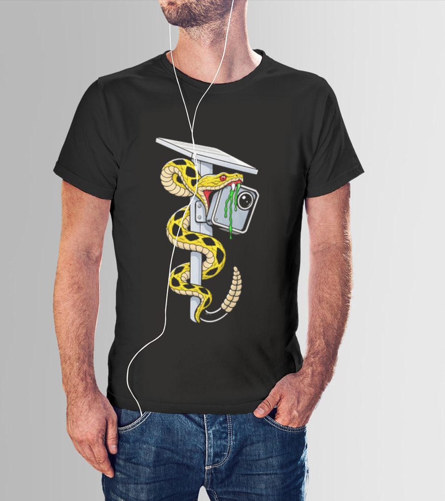 Cartoon Yellow Rattlesnake Biting Security Camera Solar Panel Pole Dripping Venom T-Shirt