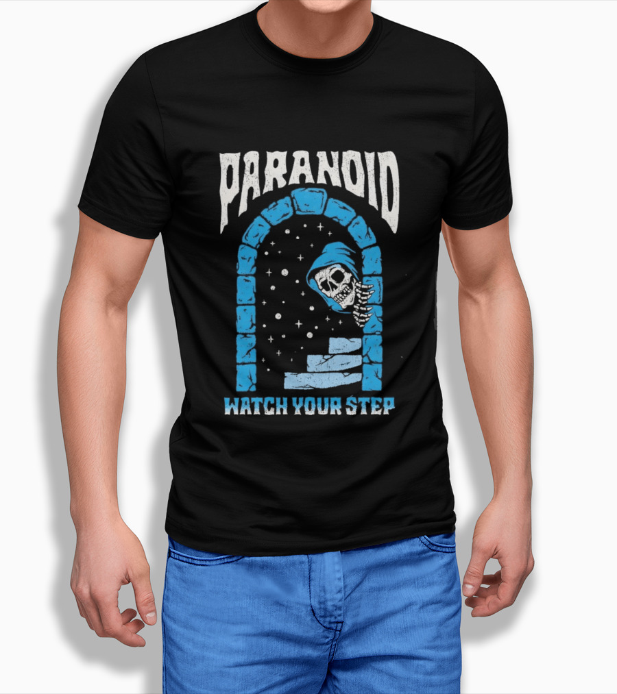 Paranoid Skeleton Peeking Stone Archway Your Step T-Shirt