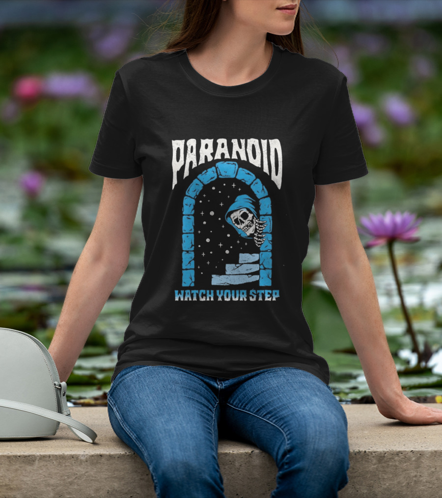 Paranoid Skeleton Peeking Stone Archway Your Step T-Shirt
