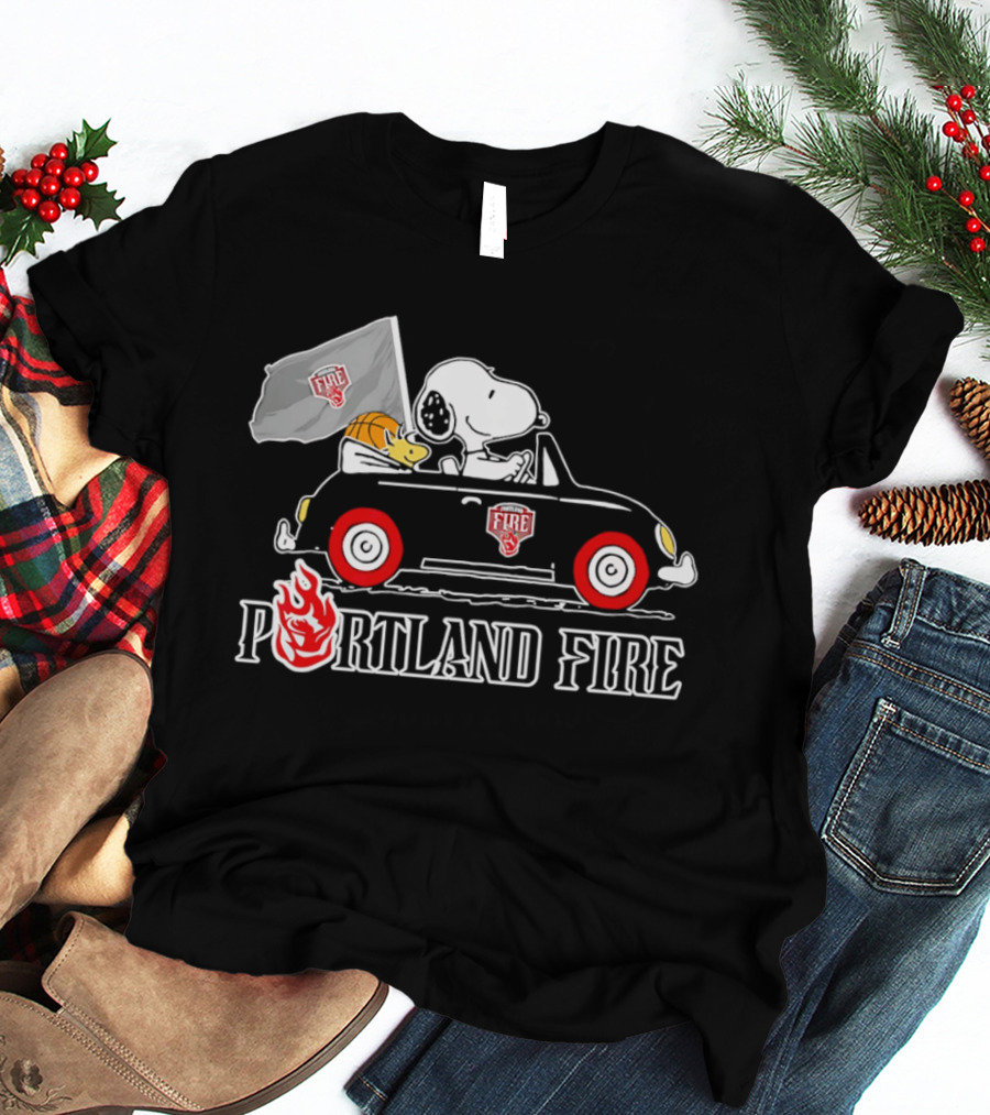 Portland Fire Snoopy And Woodstock Driving Vintage Car With Flag T-Shirt