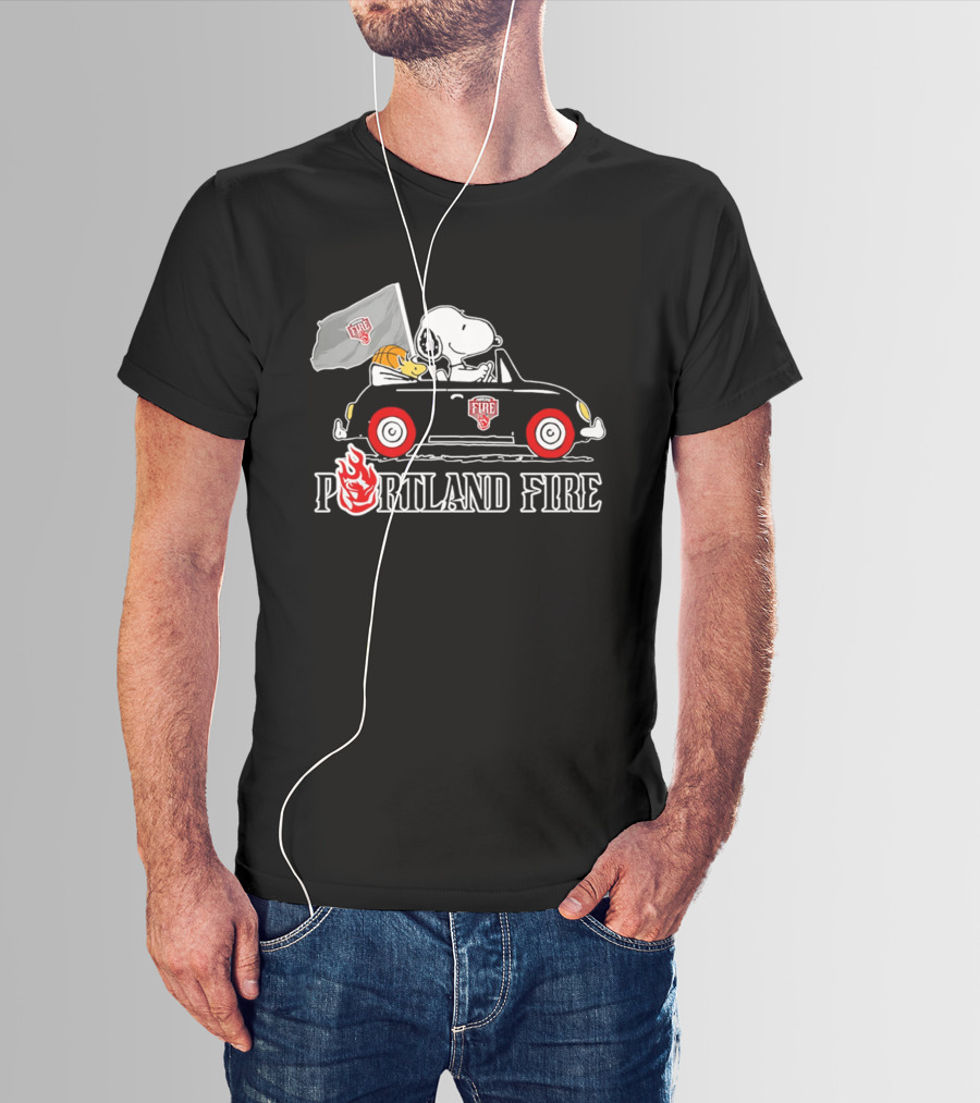 Portland Fire Snoopy And Woodstock Driving Vintage Car With Flag T-Shirt