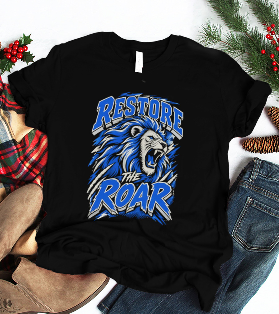 Restore The Roar Blue Lion Head With Halftone Scratch Marks T-Shirt