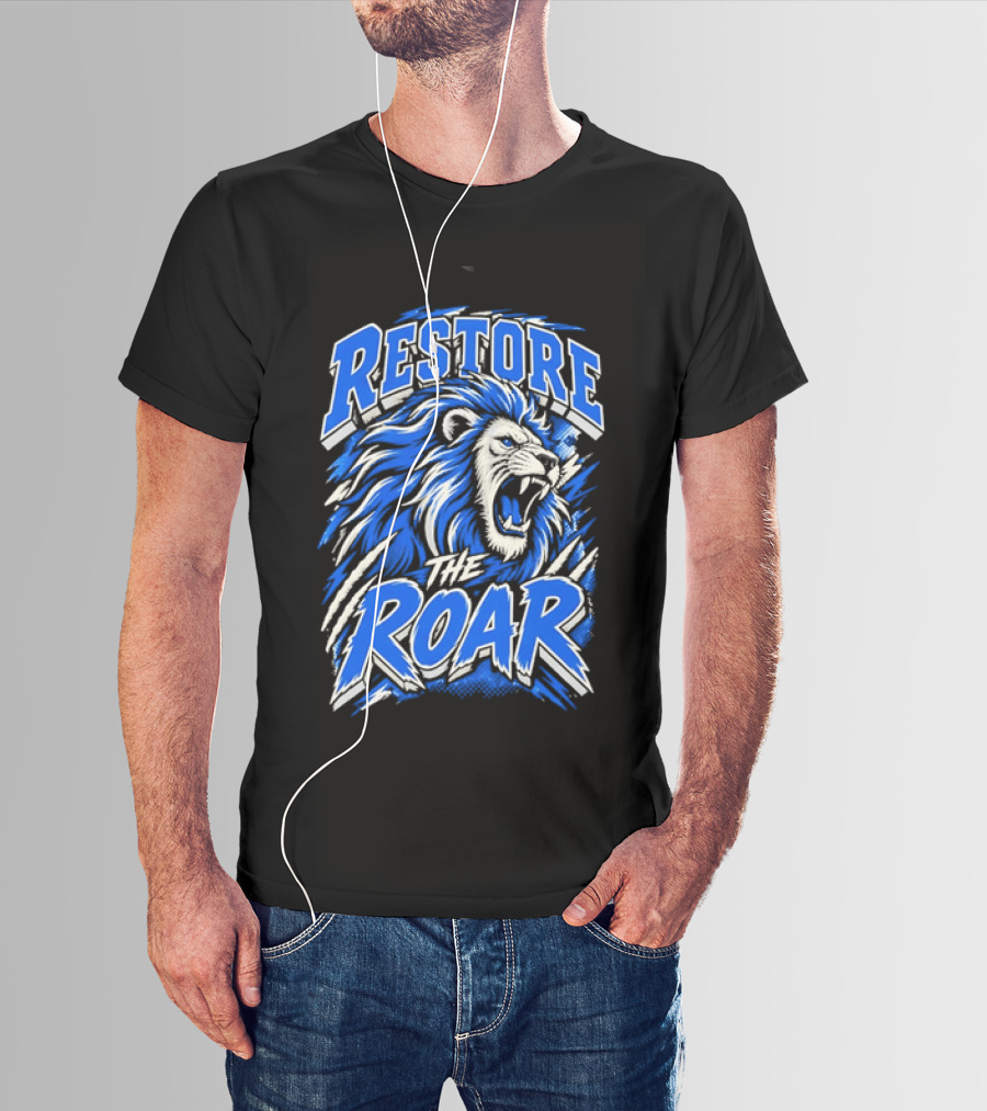Restore The Roar Blue Lion Head With Halftone Scratch Marks T-Shirt