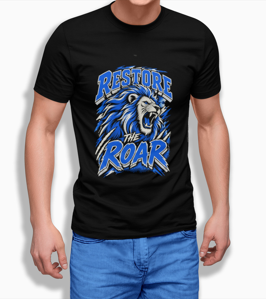 Restore The Roar Blue Lion Head With Halftone Scratch Marks T-Shirt