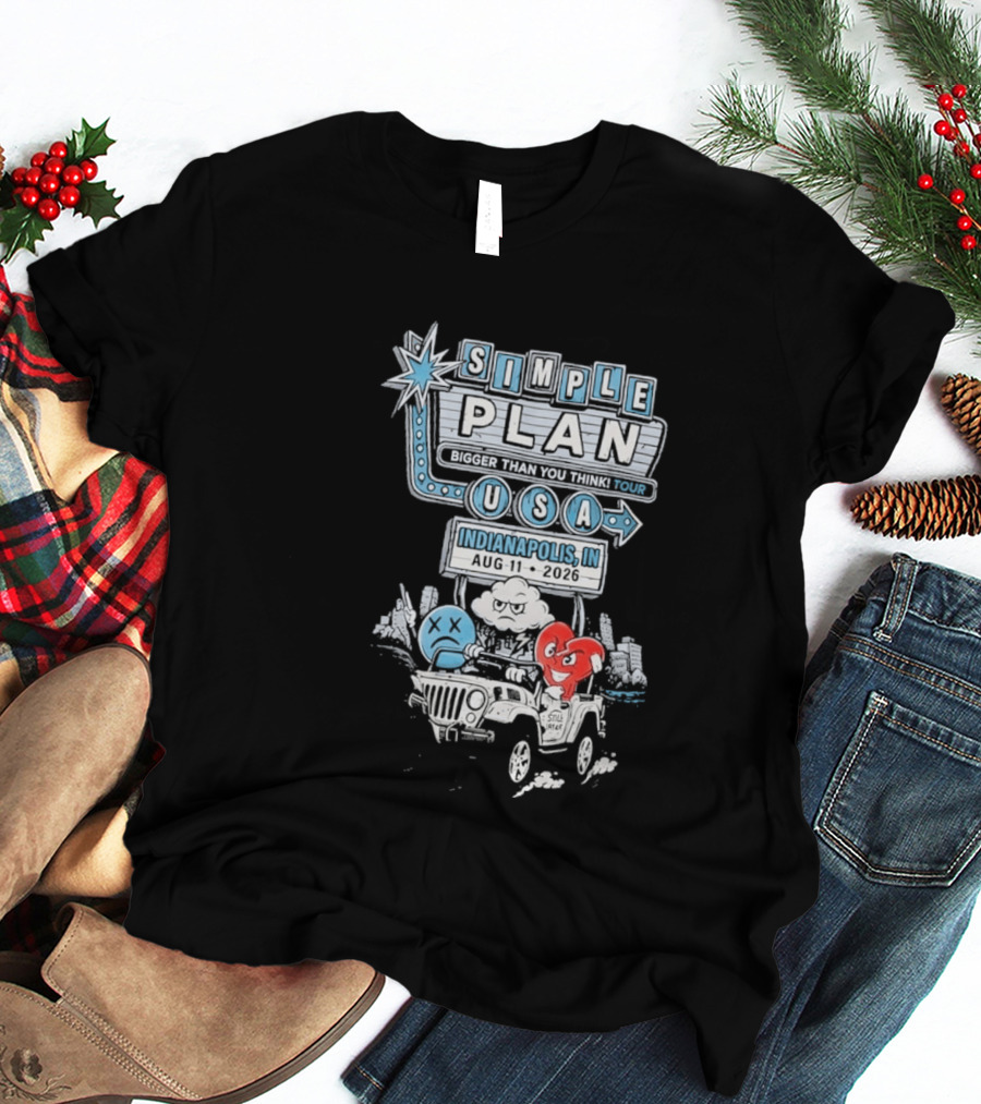 Simple Plan Indianapolis IN 2026 Bigger Than You Think Tour August 11 White River State Park USA Classic Car And Happy Heart T-Shirt
