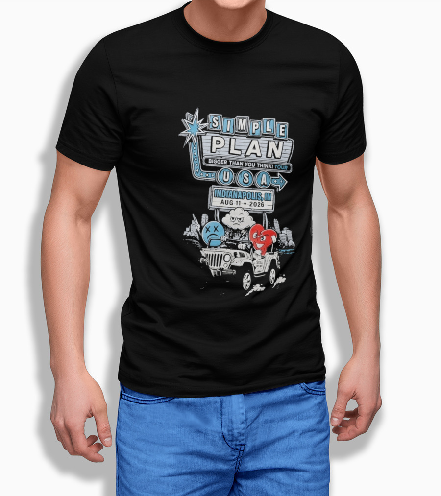 Simple Plan Indianapolis IN 2026 Bigger Than You Think Tour August 11 White River State Park USA Classic Car And Happy Heart T-Shirt