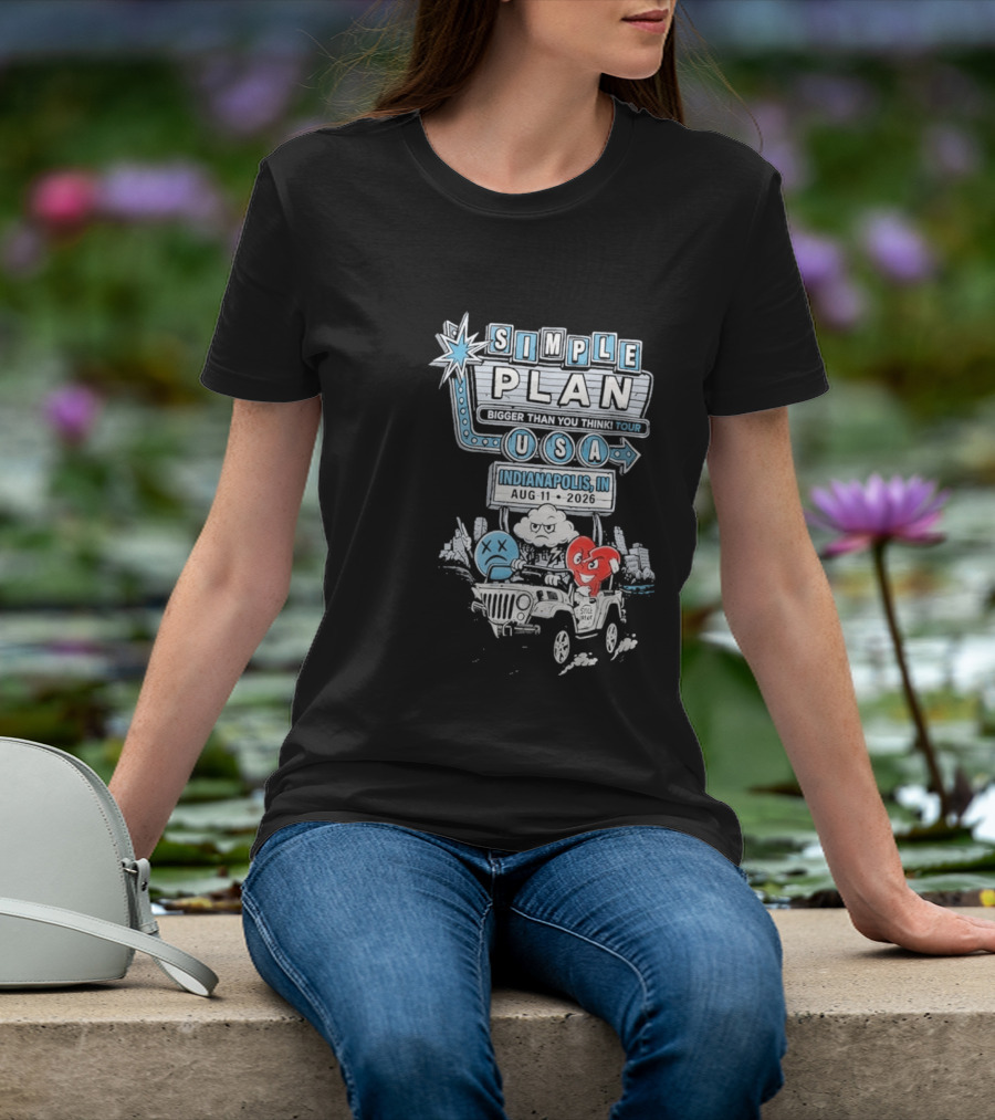 Simple Plan Indianapolis IN 2026 Bigger Than You Think Tour August 11 White River State Park USA Classic Car And Happy Heart T-Shirt