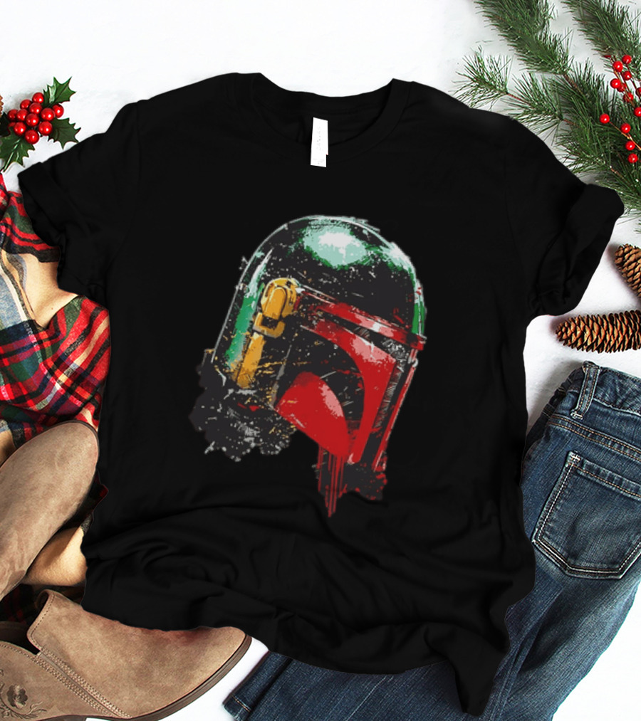 Star Wars Boba Fett Helmet Distressed Paint Splatter Drip T-Shirt