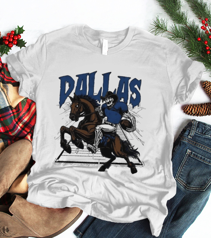 Dallas Cowboy Skeleton Riding Horse Playing Football T-Shirt