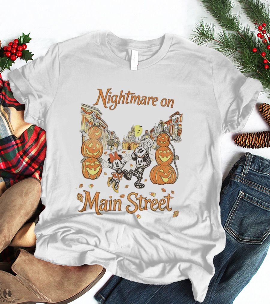 Disney Mickey And Minnie Mouse Halloween Nightmare On Main Street Pumpkins Autumn Fall T-Shirt