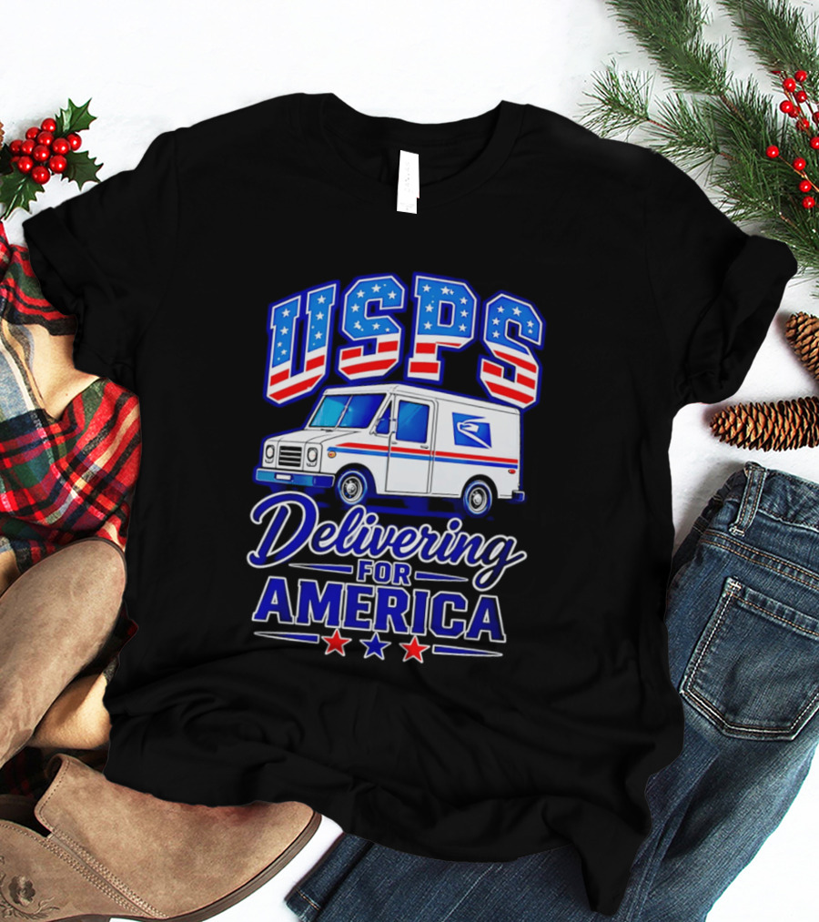 USPS Delivering For America Mail Truck Patriotic Stars And Stripes T-Shirt