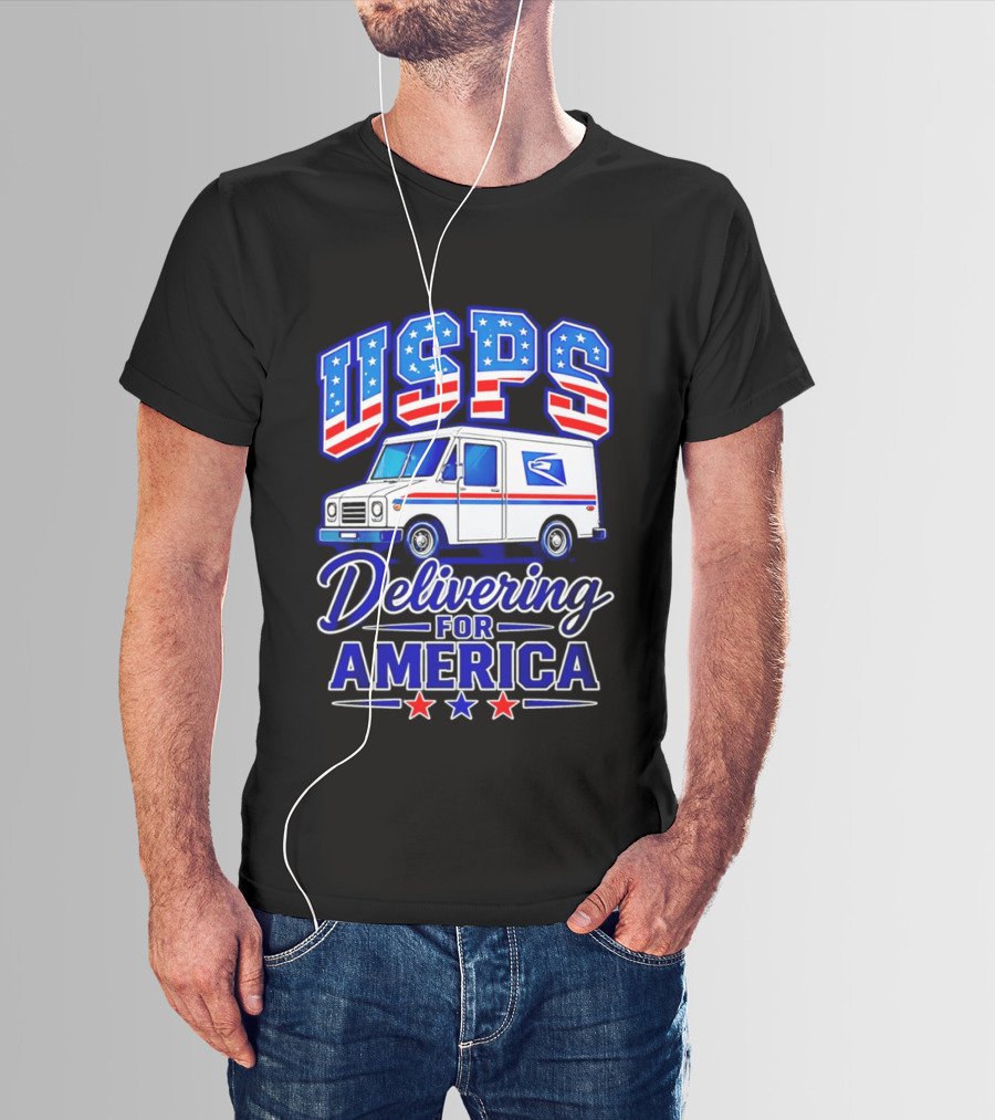 USPS Delivering For America Mail Truck Patriotic Stars And Stripes T-Shirt