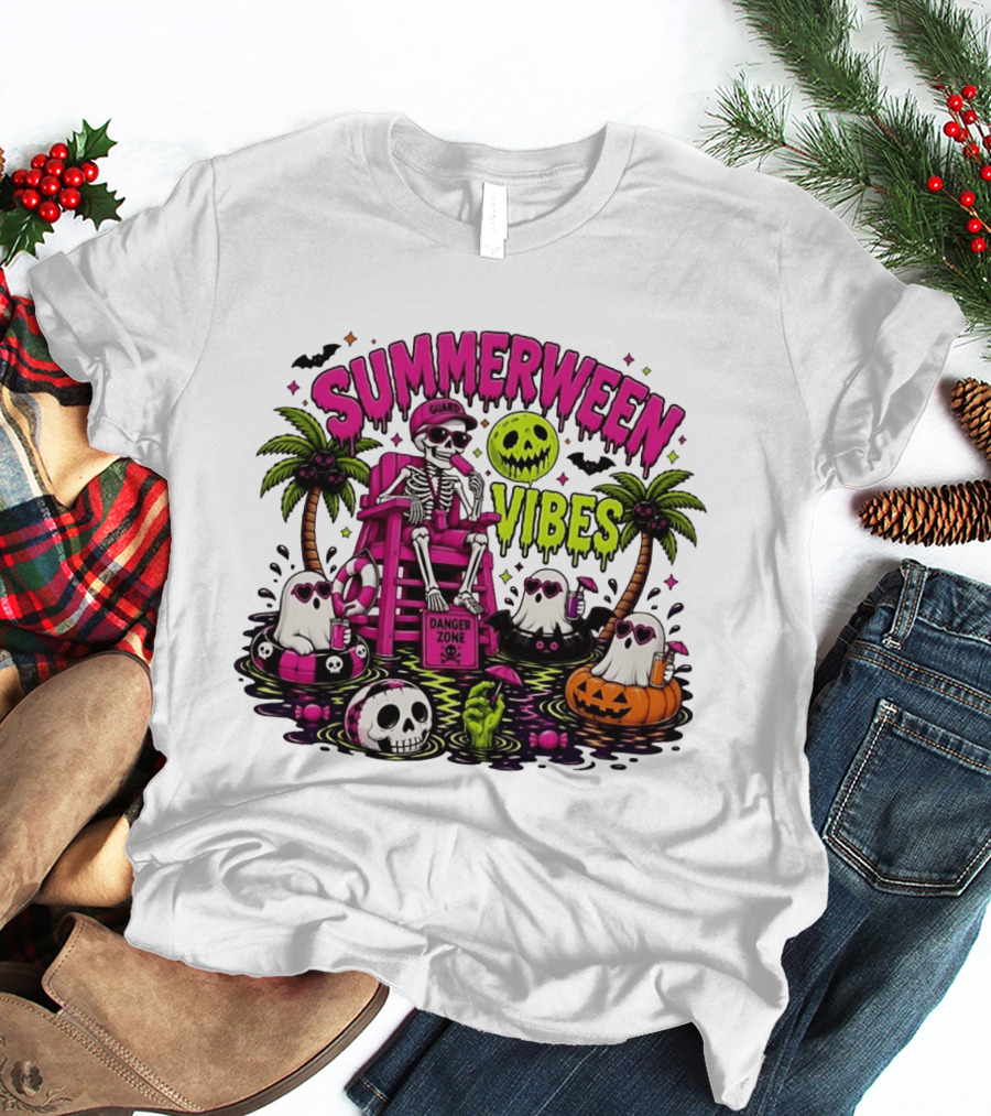 Summerween Vibes Halloween Skeleton Beach Party 2026 T-Shirt