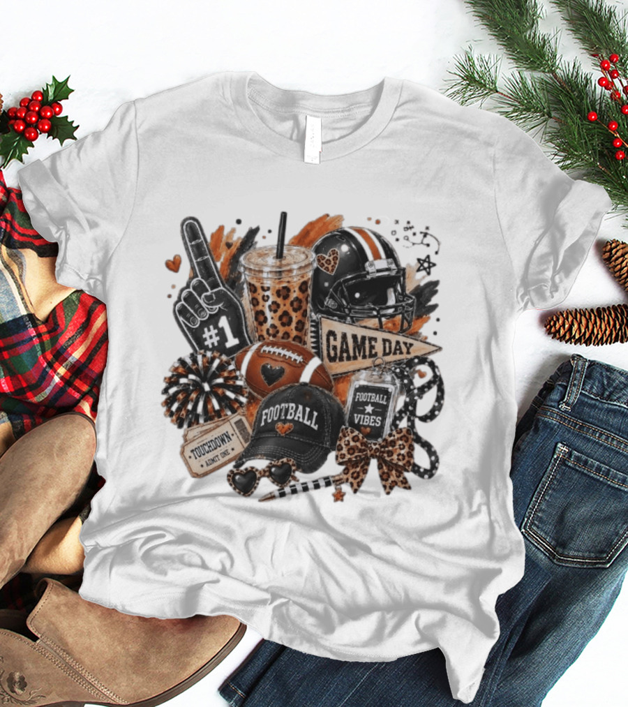 Leopard Game Day Football Touchdown Vibes #1 Fan Helmet Pom Pom Bow T-Shirt