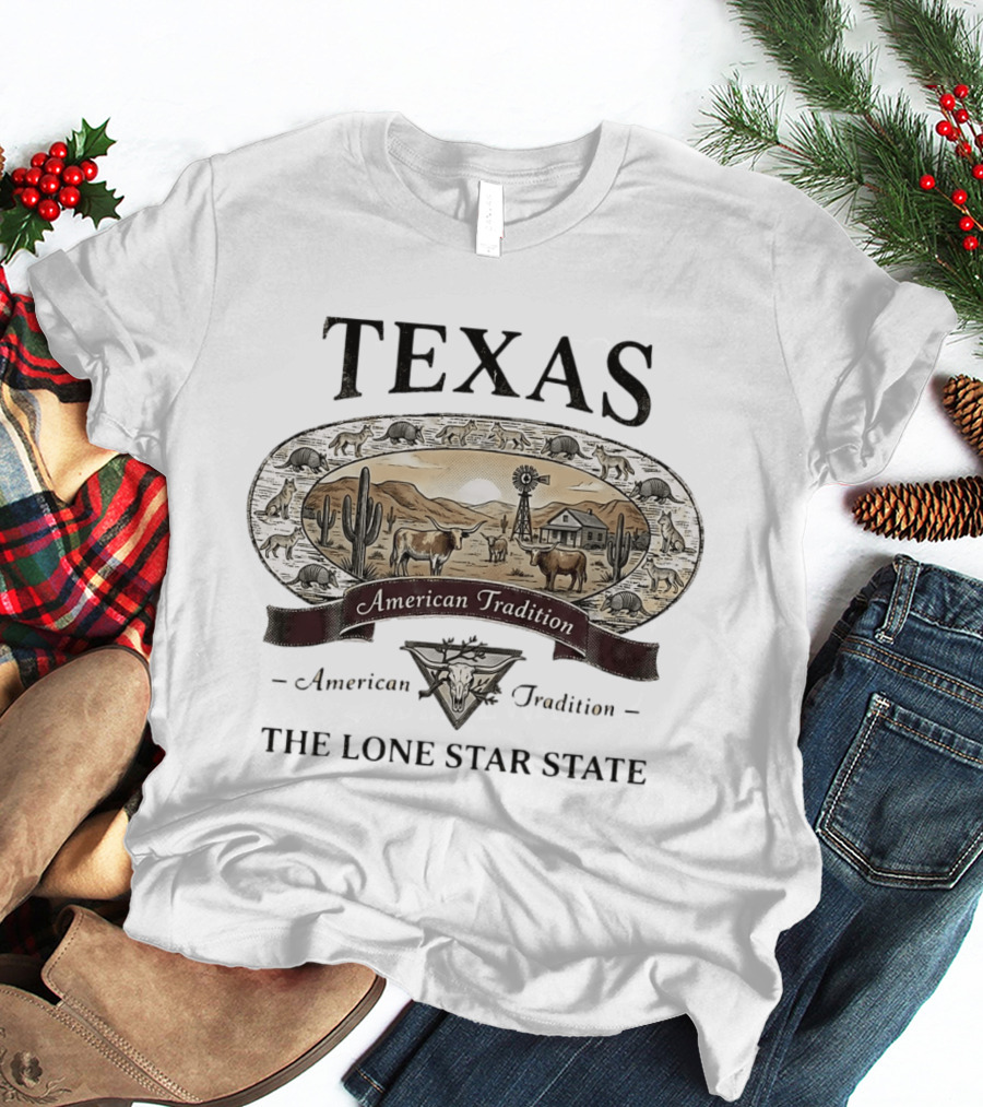 Texas American Tradition The Lone Star State Armadillo Longhorn Desert Scene T-Shirt