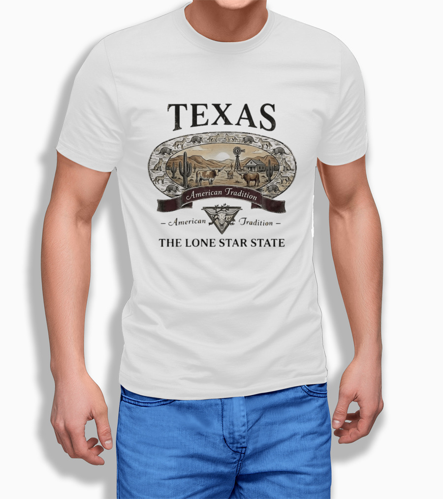 Texas American Tradition The Lone Star State Armadillo Longhorn Desert Scene T-Shirt