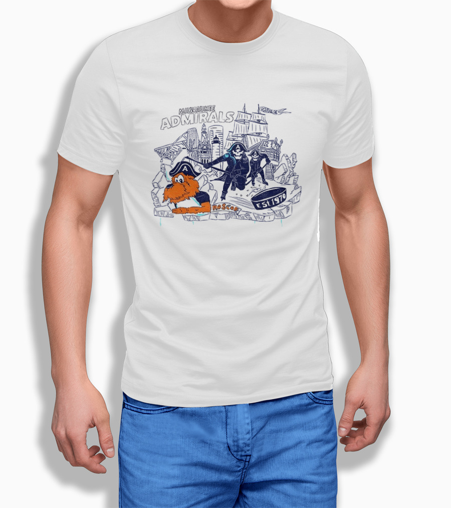Milwaukee Admirals Roscoe Est 1970 Hockey Mascot And Cityscape T-Shirt