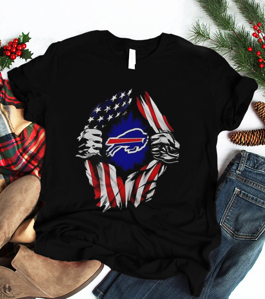 Buffalo Bills Superman Skull Cap Backwards American Flag Rip T-Shirt
