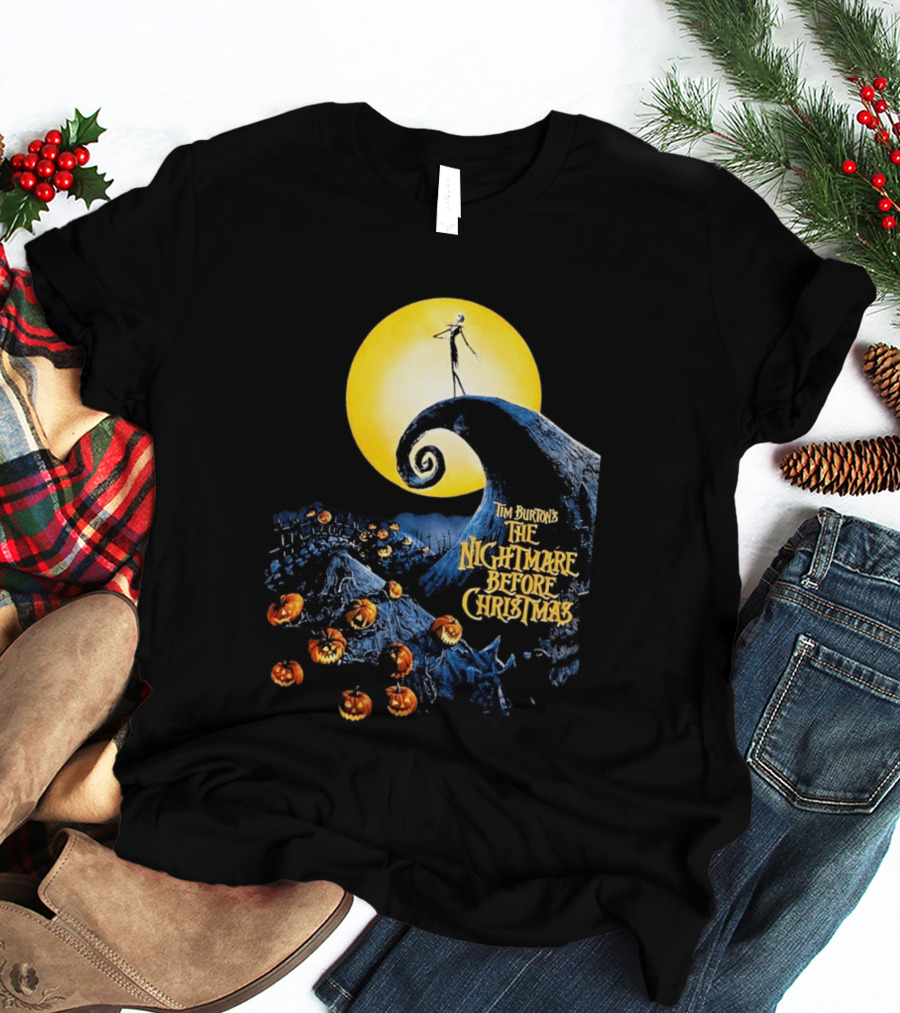 Tim Burton's The Nightmare Before Christmas Jack Skellington Moon Scene With Pumpkins T-Shirt