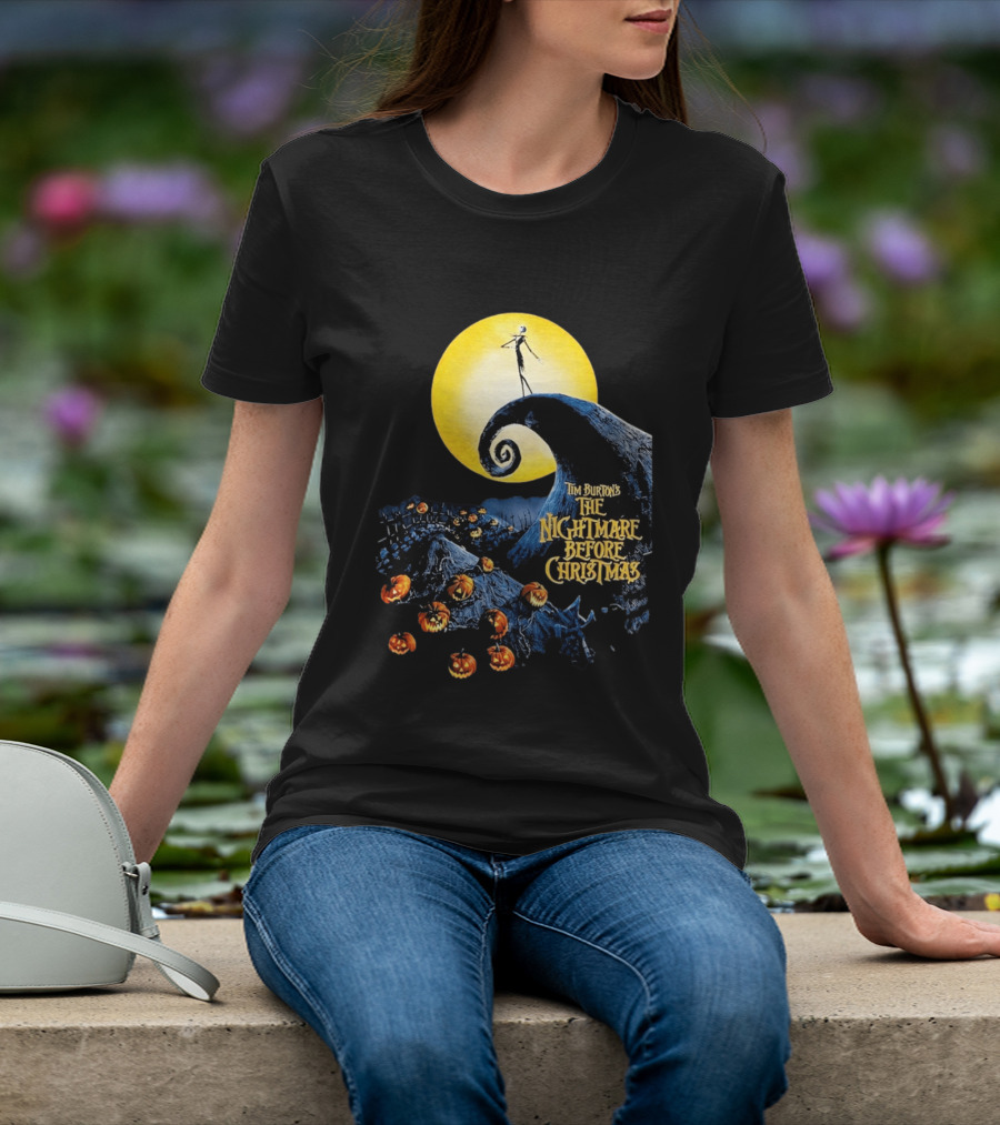 Tim Burton's The Nightmare Before Christmas Jack Skellington Moon Scene With Pumpkins T-Shirt