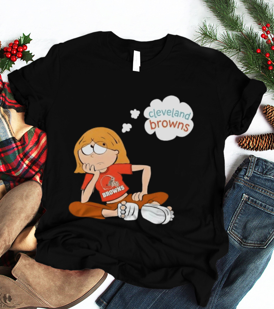 Cleveland Browns Cartoon Girl Sitting With Thought Bubble T-Shirt