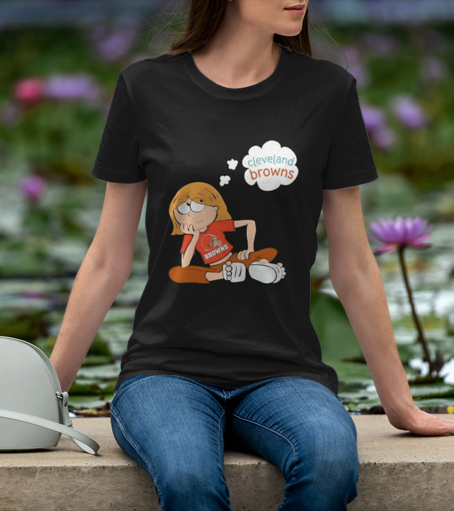 Cleveland Browns Cartoon Girl Sitting With Thought Bubble T-Shirt