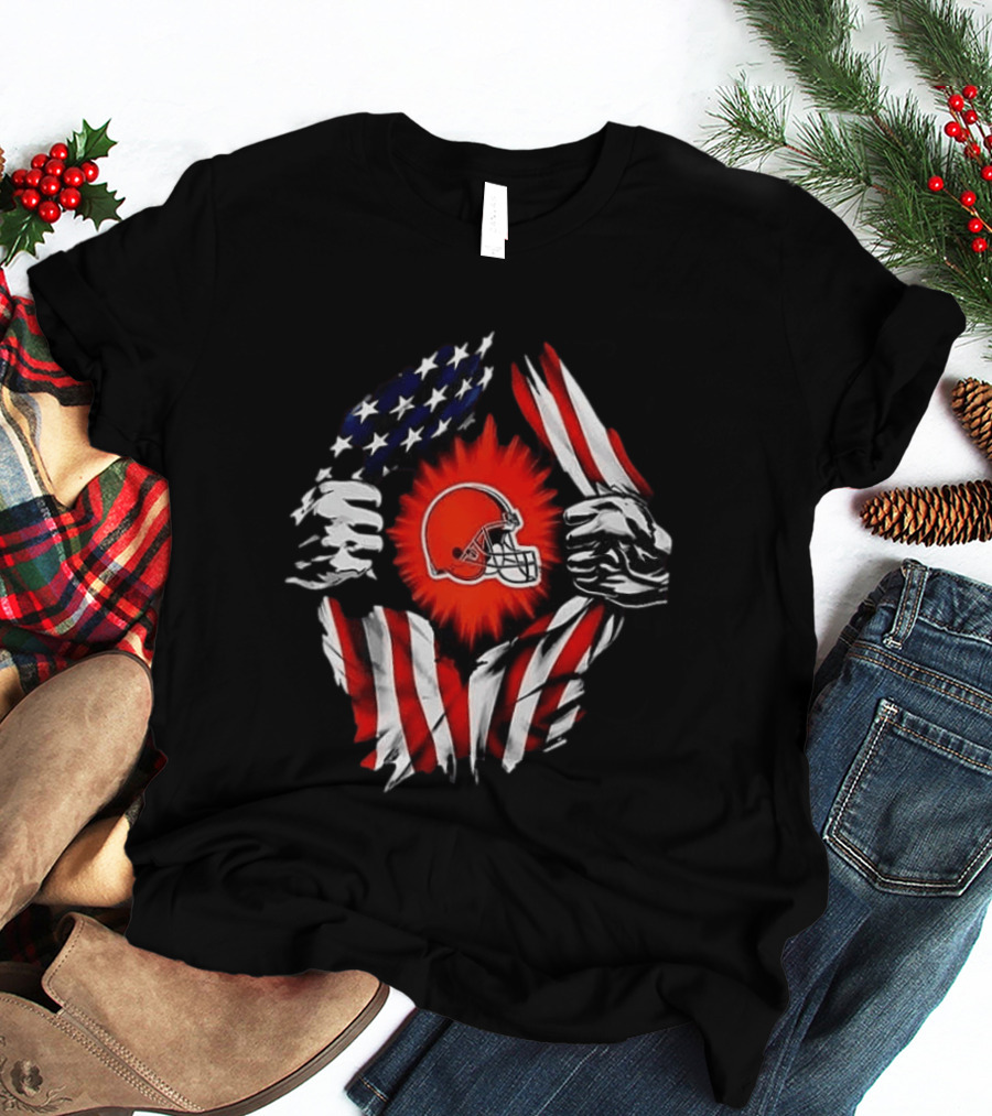 Cleveland Browns Super Man Skull Cap Backwards American Flag Ripped T-Shirt