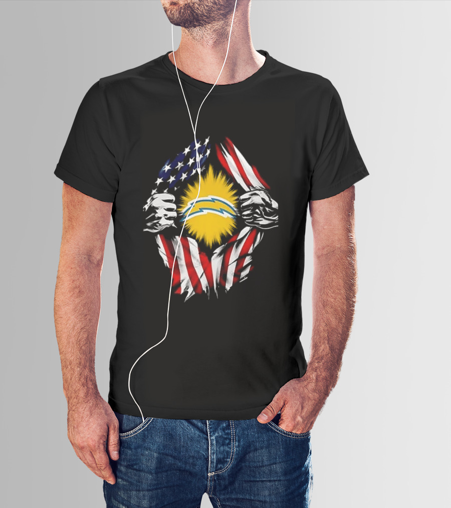 Los Angeles Chargers Superman Skull Cap Backwards USA Flag Power T-Shirt