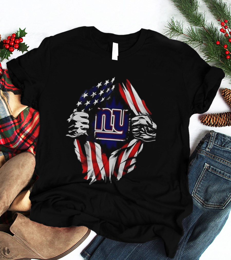 New York Giants American Flag Rip Super Man X Skull Cap Backwards T-Shirt