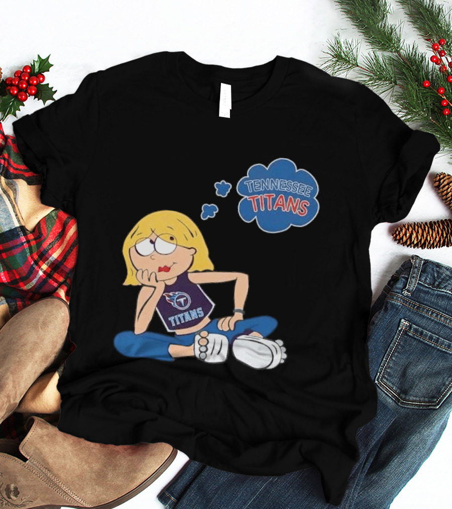 Tennessee Titans Blonde Cartoon Girl Sitting Thinking Thought Bubble Titans T-Shirt
