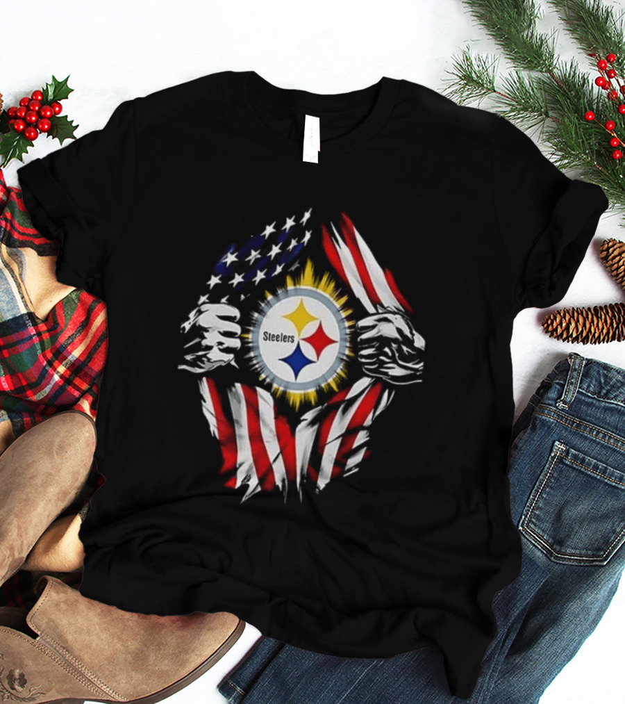 Pittsburgh Steelers Superman Skull Cap USA Flag T-Shirt