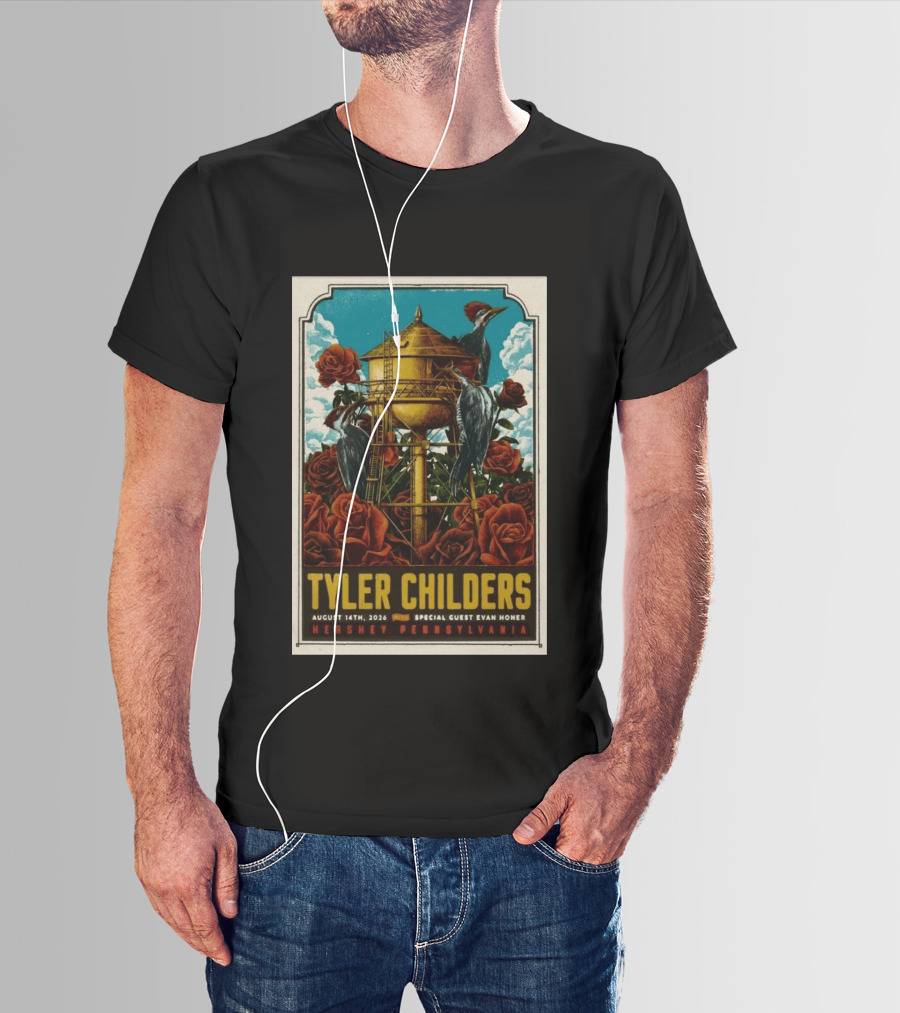 Tyler Childers August 14 2026 Hershey PA Water Tower Woodpeckers Roses T-Shirt